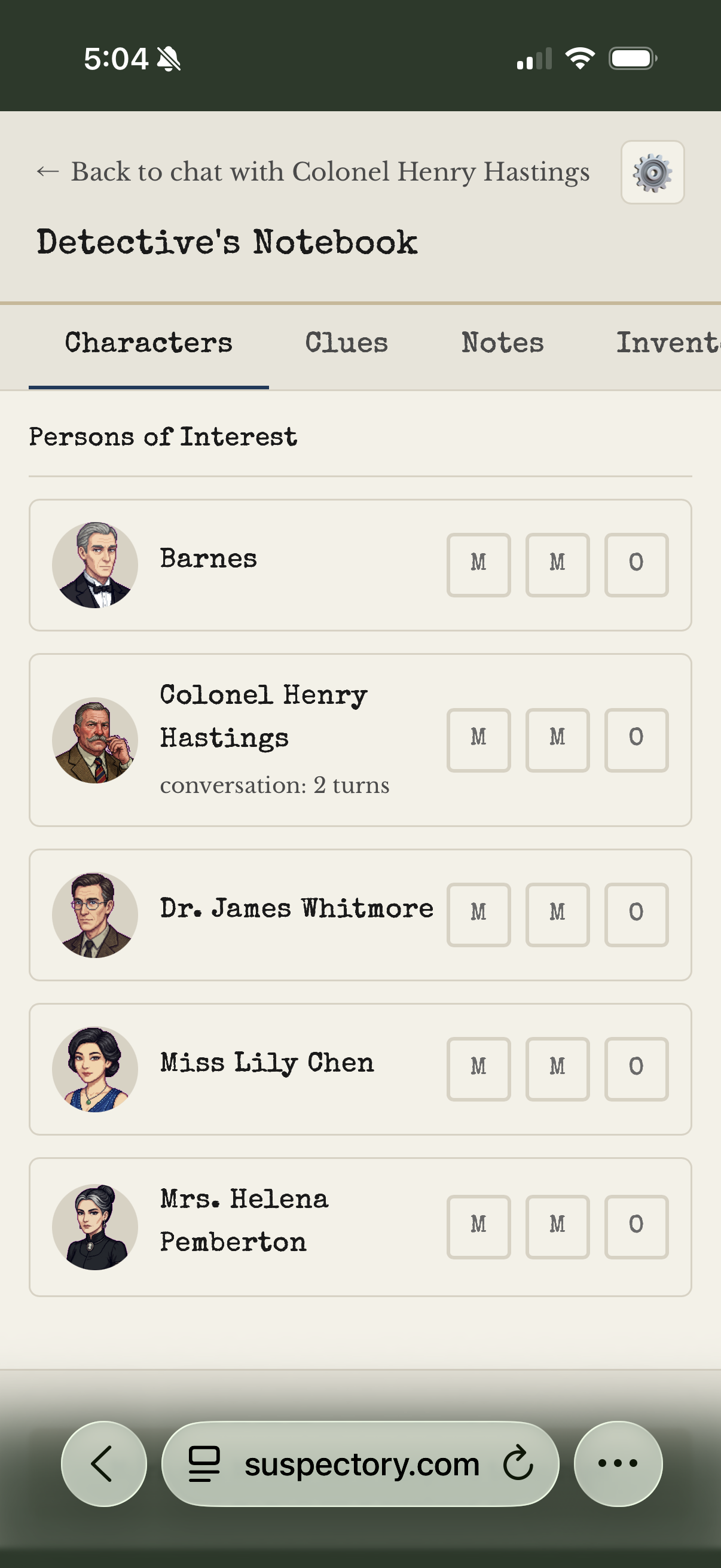 Detective notebook tracking suspects and clues
